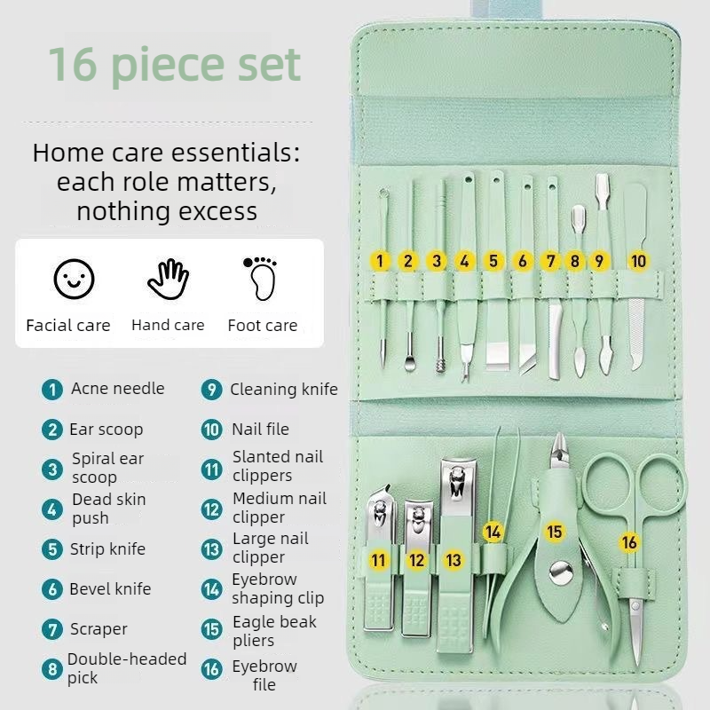 16-Piece Stainless Steel Manicure and Pedicure Set, Home Nail Clippers and Cuticle Tools Kit for Hand, Foot, and Facial Care—Green