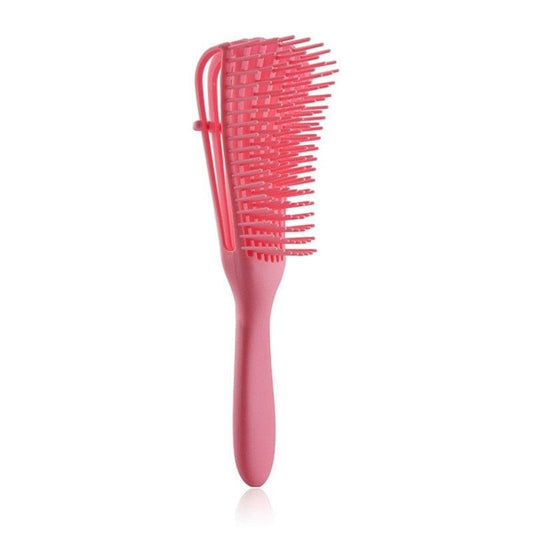 Pink detangling hair brush with curved head and fine vented comb pins