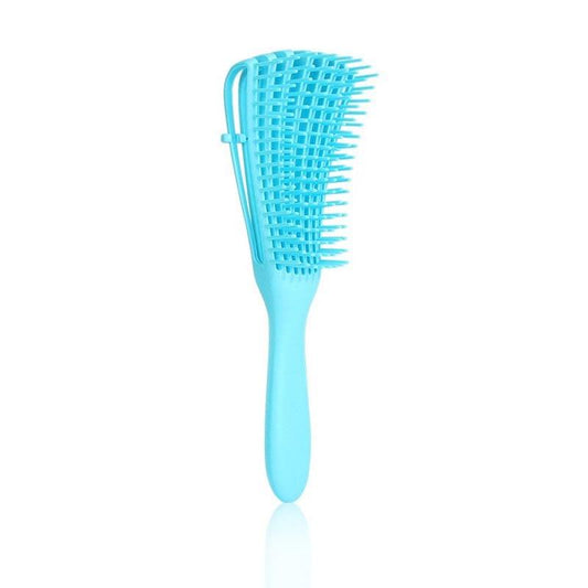 Blue detangling hair brush with wide curved vented bristles and ergonomic handle