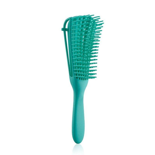 Teal detangling hair brush with curved vented bristle head and ergonomic handle