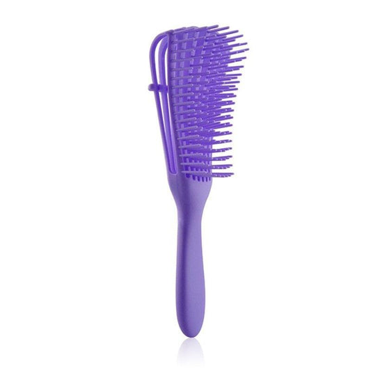 Purple hair detangling brush with curved vented head and short flexible bristles