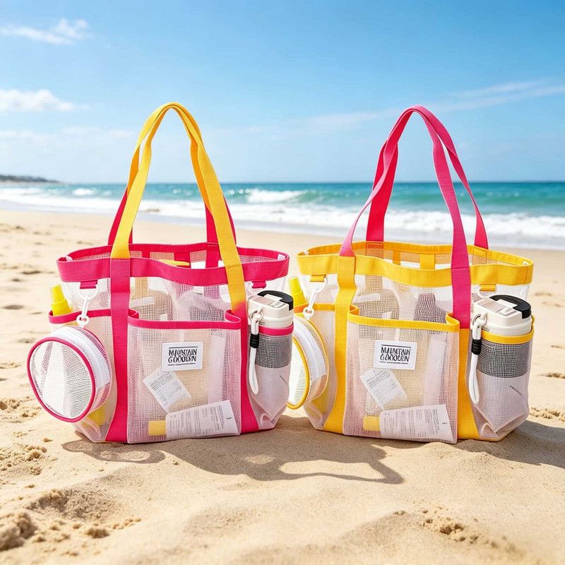 Multi-Pocket Mesh Beach Swim Bag, Dry/Wet Separation, Large Capacity Gym Tote with Bonus Mini Round Mesh Pouch—Yellow