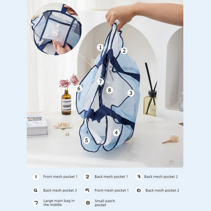 Multi-Pocket Mesh Beach Swim Bag, Dry/Wet Separation, Large Capacity Gym Tote with Bonus Mini Round Mesh Pouch - Beige