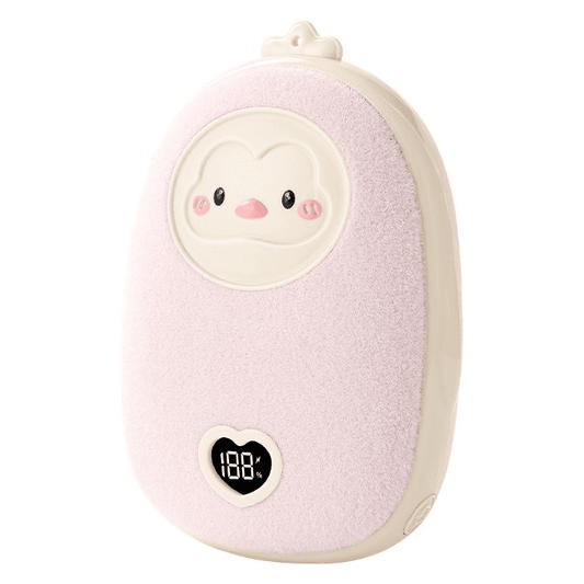 Pink portable USB hand warmer with cute face icon and heart display