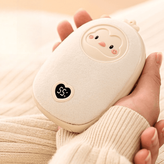 Beige plush cartoon hand warmer with USB power bank, round LED temperature icon