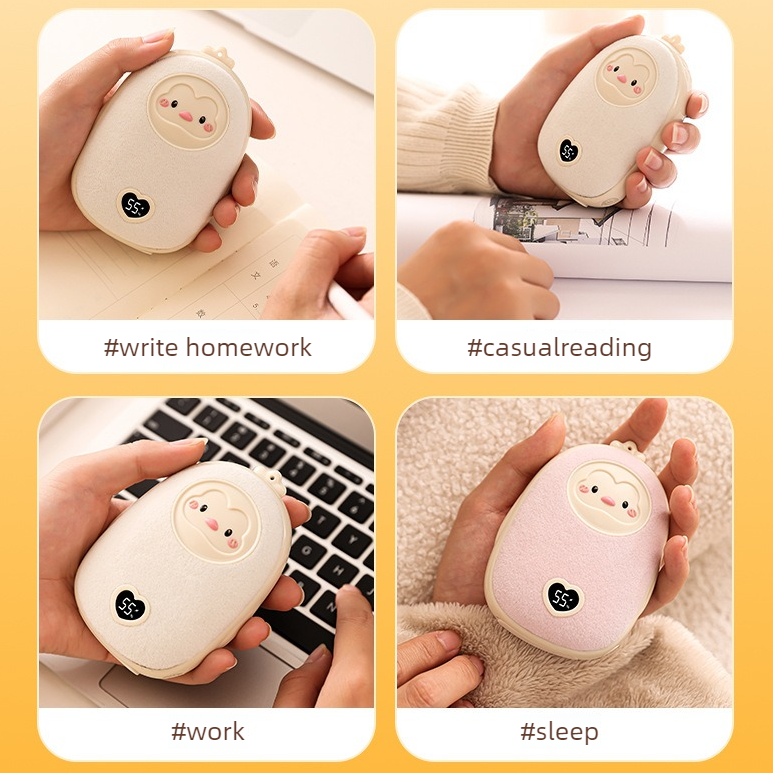 Cute Cartoon Hand Warmer 2-in-1 Portable USB Charging Power Bank, 3 Temperature Settings Pocket Heater—Beige