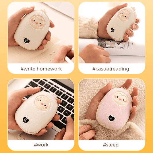 Plush cartoon hand warmers shown in use, with round face patches and LED temperature buttons