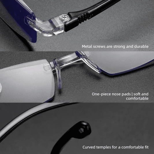 Detail view of clear nose pads and curved temples on dark reading glasses