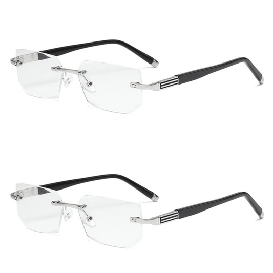 Rimless reading glasses with clear lenses, silver bridge, and black temples