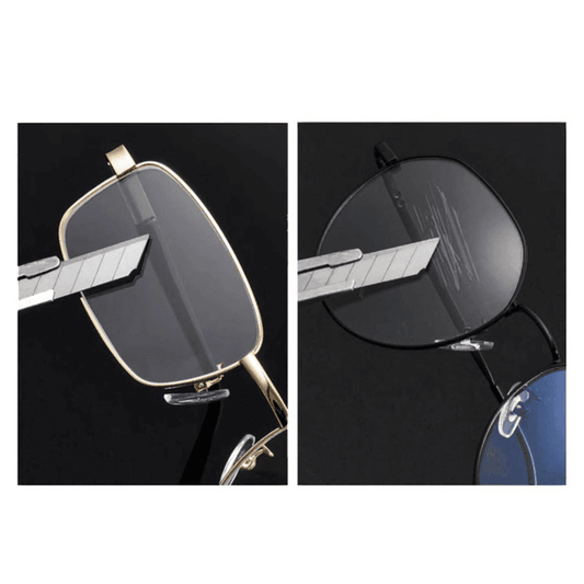 Foldable reading glasses shown from side and front angles with dark lenses