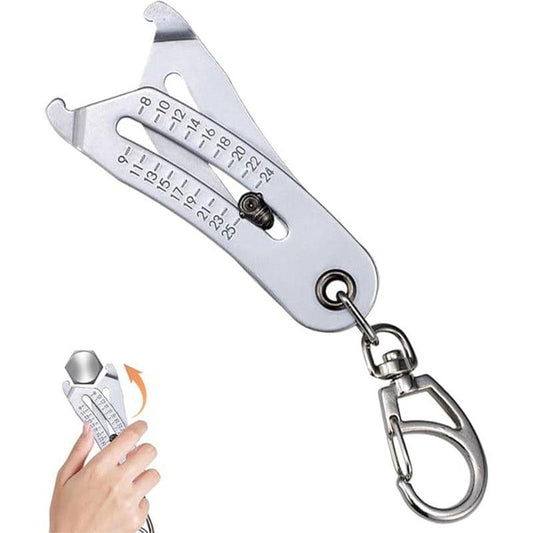 Metal bolt size checker keychain with dual measurement scale and keyring clasp