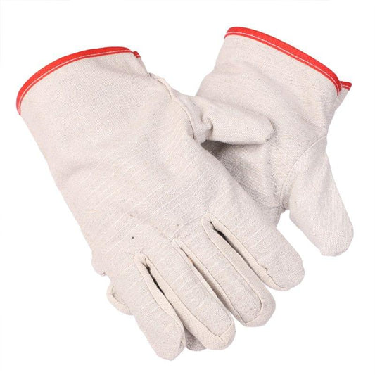 Work gloves in off-white canvas with red trim cuffs, full-finger protective fit