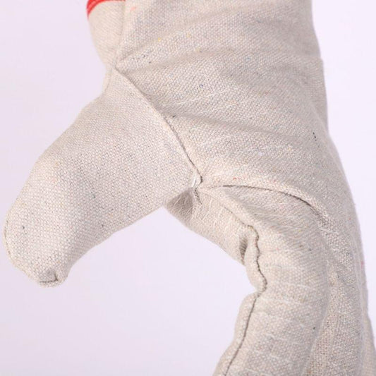 Canvas work glove with off-white fabric, red-trim cuff and curved thumb seam