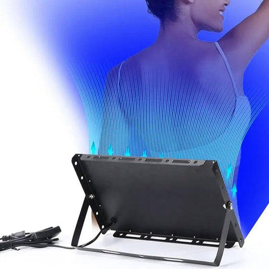 Adjustable black UV tanning lamp with blue LED light bars on a stand