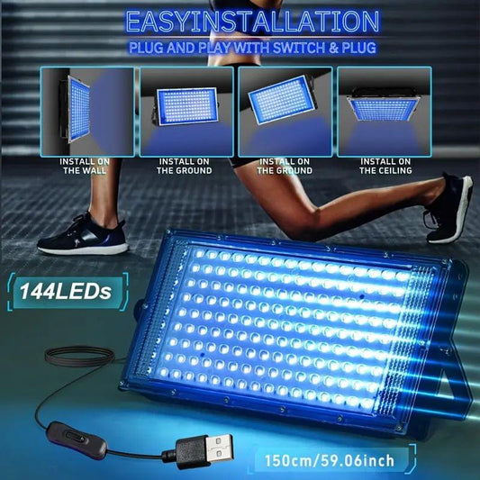 Portable UV tanning lamp with 144 blue LED bulbs and attached USB power cable