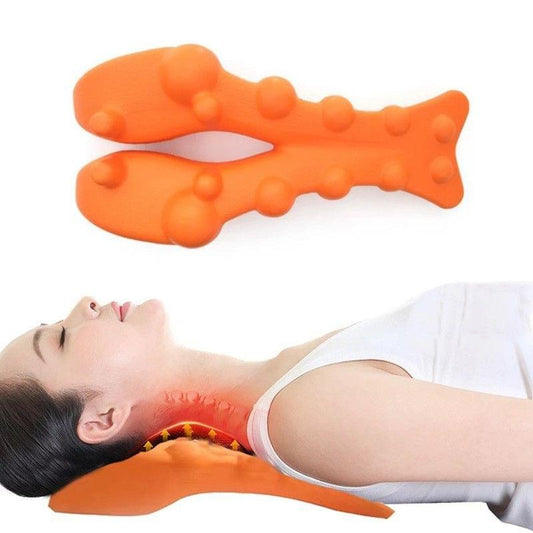 Orange neck massage pillow with raised nodules under head and neck