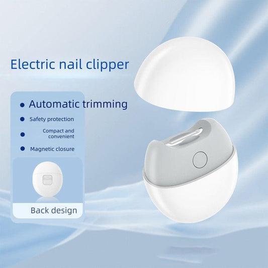 White and gray electric nail clipper with safety hood and round button