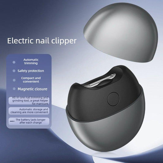 Grey electric nail clipper with black base, automatic trimming mouth and rounded top