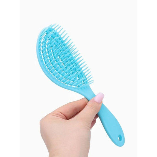 Light blue hair detangling brush with wide teeth and loop handle hole