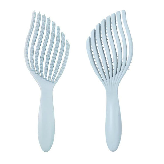 Light blue detangling hair brush with wide fishbone comb teeth, paddle shape