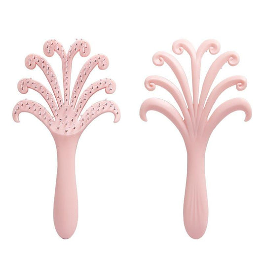 Pink octopus scalp massage hair brush with flexible finger bristles, wide handle
