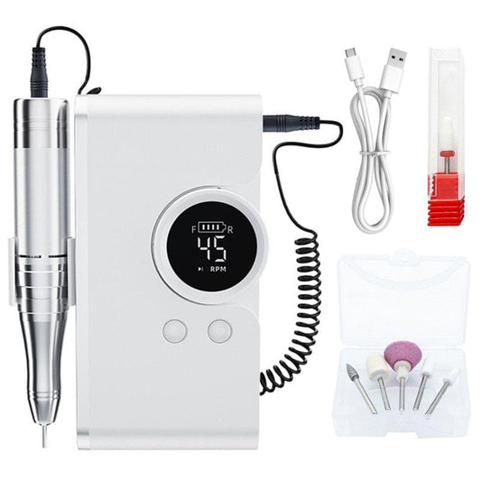 Portable electric nail drill machine, white and silver handheld with digital speed display