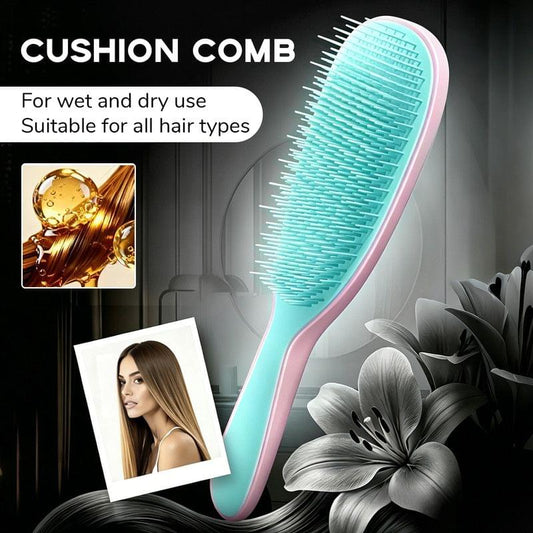 Silicone cushion hair massage comb with turquoise bristles and pink edge handle