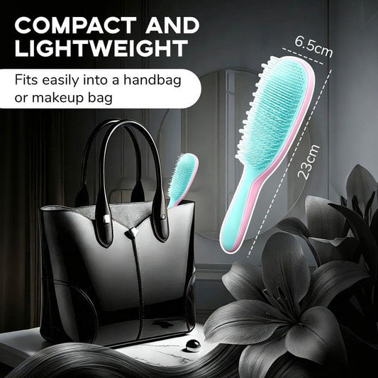 Compact silicone cushion hair massage comb with teal bristles and pink handle