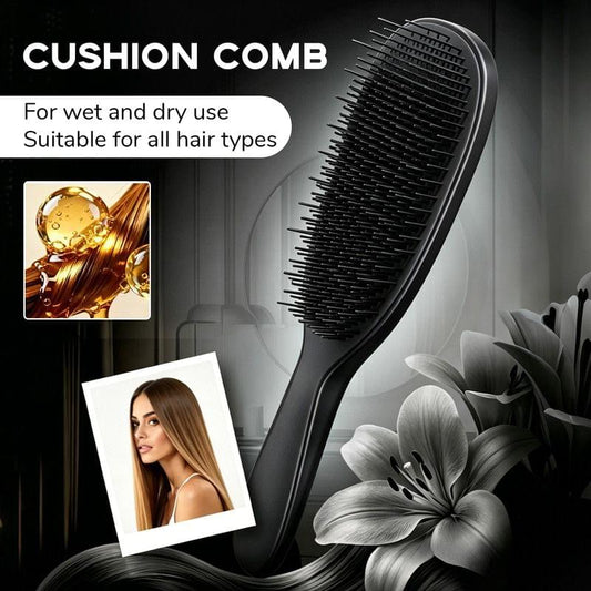 Black silicone cushion massage comb with dense bristle teeth