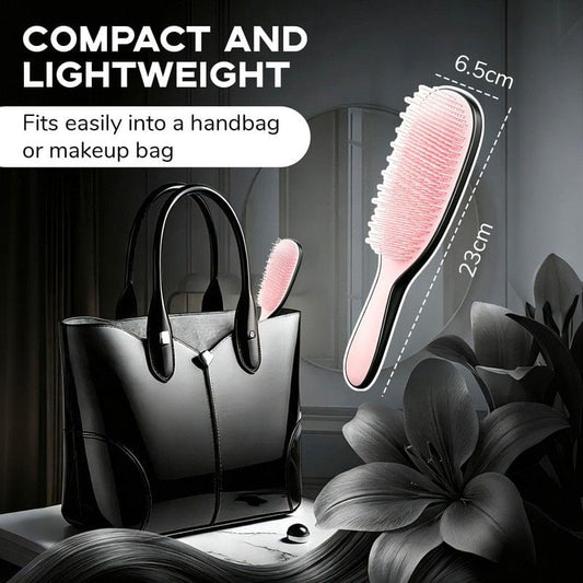 Pink compact silicone cushion massage comb with dense bristles and curved back