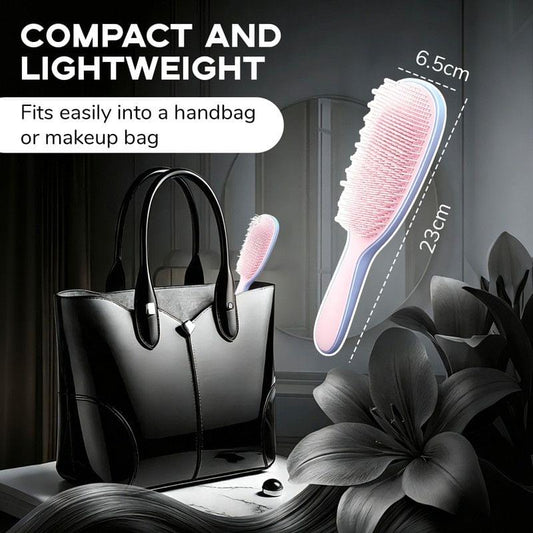 Silicone cushion hair massage brush with pink bristles and blue-toned handle