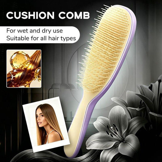 Detachable silicone cushion massage hair brush with purple handle and yellow bristles