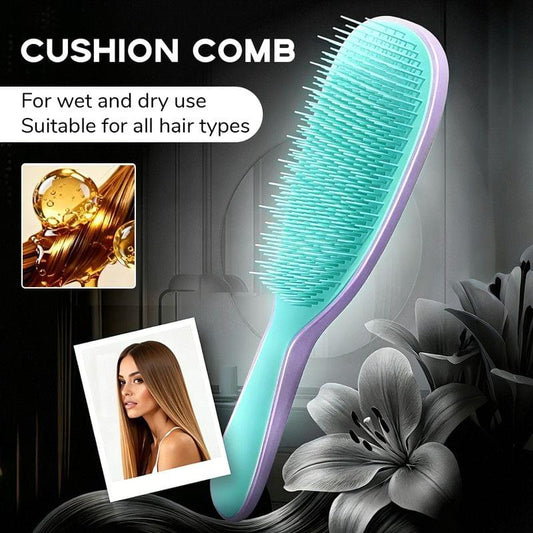 Purple-and-teal cushion massage comb with flexible bristles for detangling