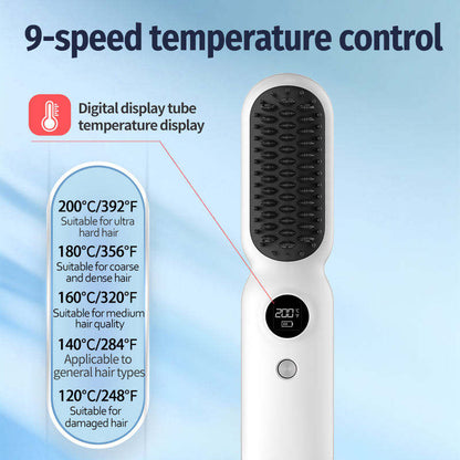 Pink Professional Cordless Hair Straightener Brush - 4-in-1 EMS Scalp Massager & Ionic Straightening Comb - Red & Blue Light Therapy for Hair Growth - Portable USB Rechargeable Hot Comb for Men & Women