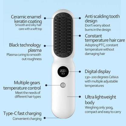 Green Professional Cordless Hair Straightener Brush - 4-in-1 EMS Scalp Massager & Ionic Straightening Comb - Red & Blue Light Therapy for Hair Growth - Portable USB Rechargeable Hot Comb for Men & Women