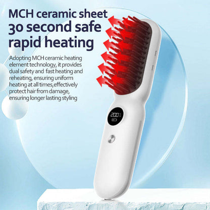 Green Professional Cordless Hair Straightener Brush - 4-in-1 EMS Scalp Massager & Ionic Straightening Comb - Red & Blue Light Therapy for Hair Growth - Portable USB Rechargeable Hot Comb for Men & Women
