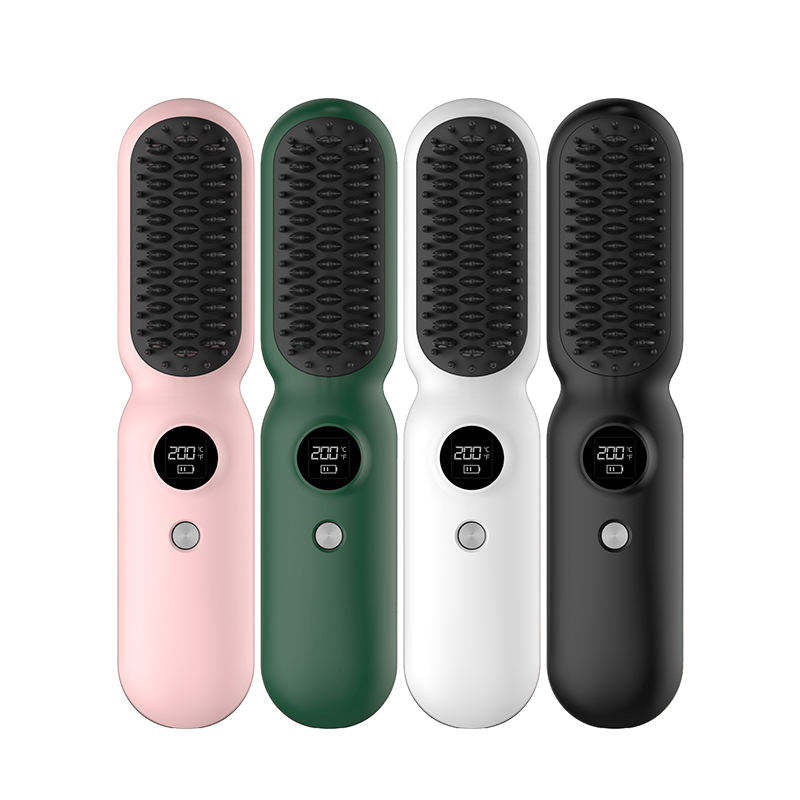 White Professional Cordless Hair Straightener Brush - 4-in-1 EMS Scalp Massager & Ionic Straightening Comb - Red & Blue Light Therapy for Hair Growth - Portable USB Rechargeable Hot Comb for Men & Women