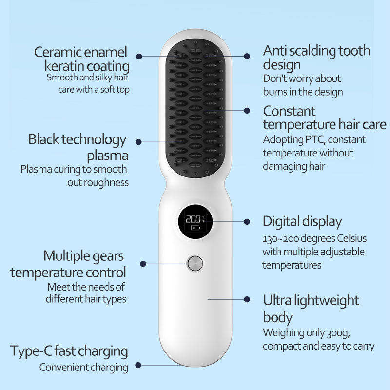 Black Professional Cordless Hair Straightener Brush - 4-in-1 EMS Scalp Massager & Ionic Straightening Comb - Red & Blue Light Therapy for Hair Growth - Portable USB Rechargeable Hot Comb for Men & Women