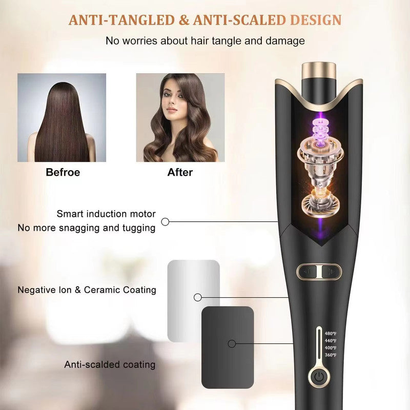 Smart Auto-Rotating Ceramic Curling Wand (EU Plug) | 360° Automatic Hair Roller for Natural Curls | Fast PTC Heating & 4 Temp Levels | Ergonomic Torch Design | Safe Salon-Style Curls at Home