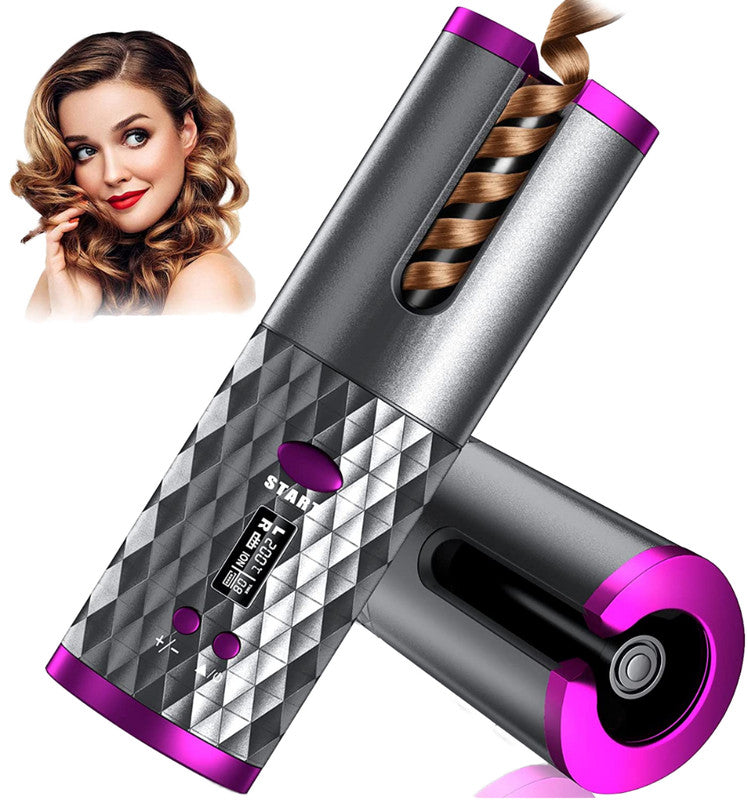 Purple Portable Wireless Auto Hair Curler | Smart Anti-Tangle Curling Wand with 5000mAh Power Bank Function | USB-C Rechargeable Ceramic Hair Roller | Perfect for Quick Salon Curls on the Go