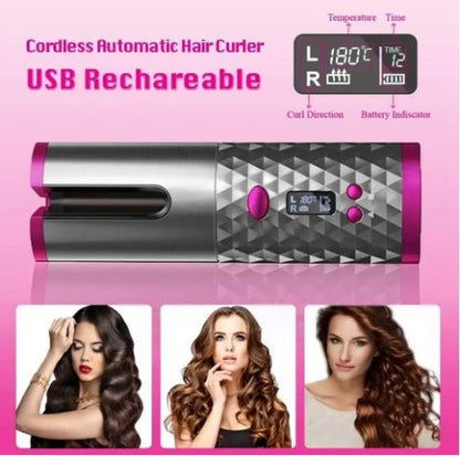 Purple Portable Wireless Auto Hair Curler | Smart Anti-Tangle Curling Wand with 5000mAh Power Bank Function | USB-C Rechargeable Ceramic Hair Roller | Perfect for Quick Salon Curls on the Go