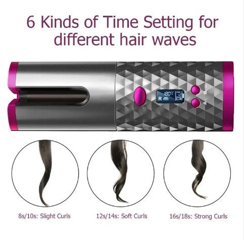 Purple Portable Wireless Auto Hair Curler | Smart Anti-Tangle Curling Wand with 5000mAh Power Bank Function | USB-C Rechargeable Ceramic Hair Roller | Perfect for Quick Salon Curls on the Go