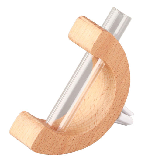 Wooden car air vent aromatherapy bottle holder with clear cylinder and white clips