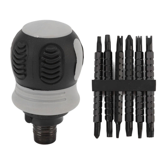 Mini ratchet screwdriver handle with bit holder and multiple black driver bits