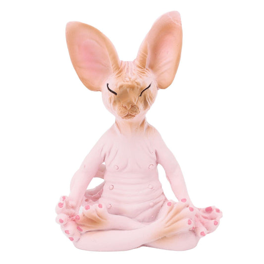 Pink cat meditating statue figurine, seated cross-legged in a yoga pose