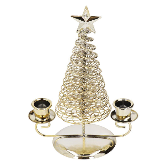 Gold metal Christmas tree candle holder with star topper and two candle cups