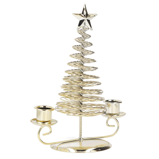 Gold wire Christmas tree candle holder with star topper, two side candle cups
