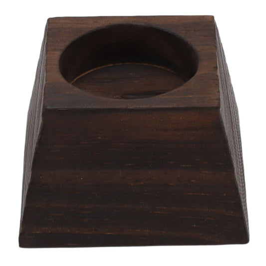 Square-cut trapezoid wooden candle holder with circular top recess, dark brown