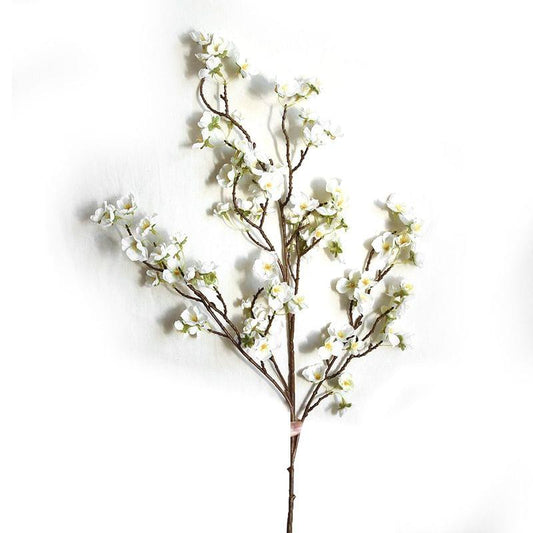 Artificial cherry blossom branch with white flowers, dark brown stem, and green buds