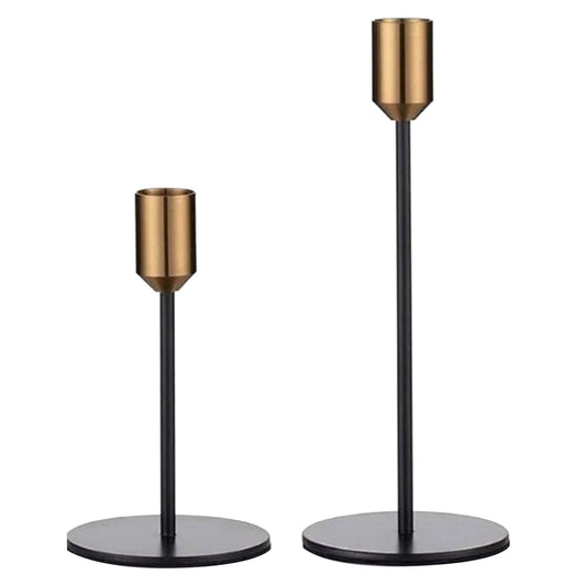 Metal candle holder set with two black stands and antique gold cups, round bases